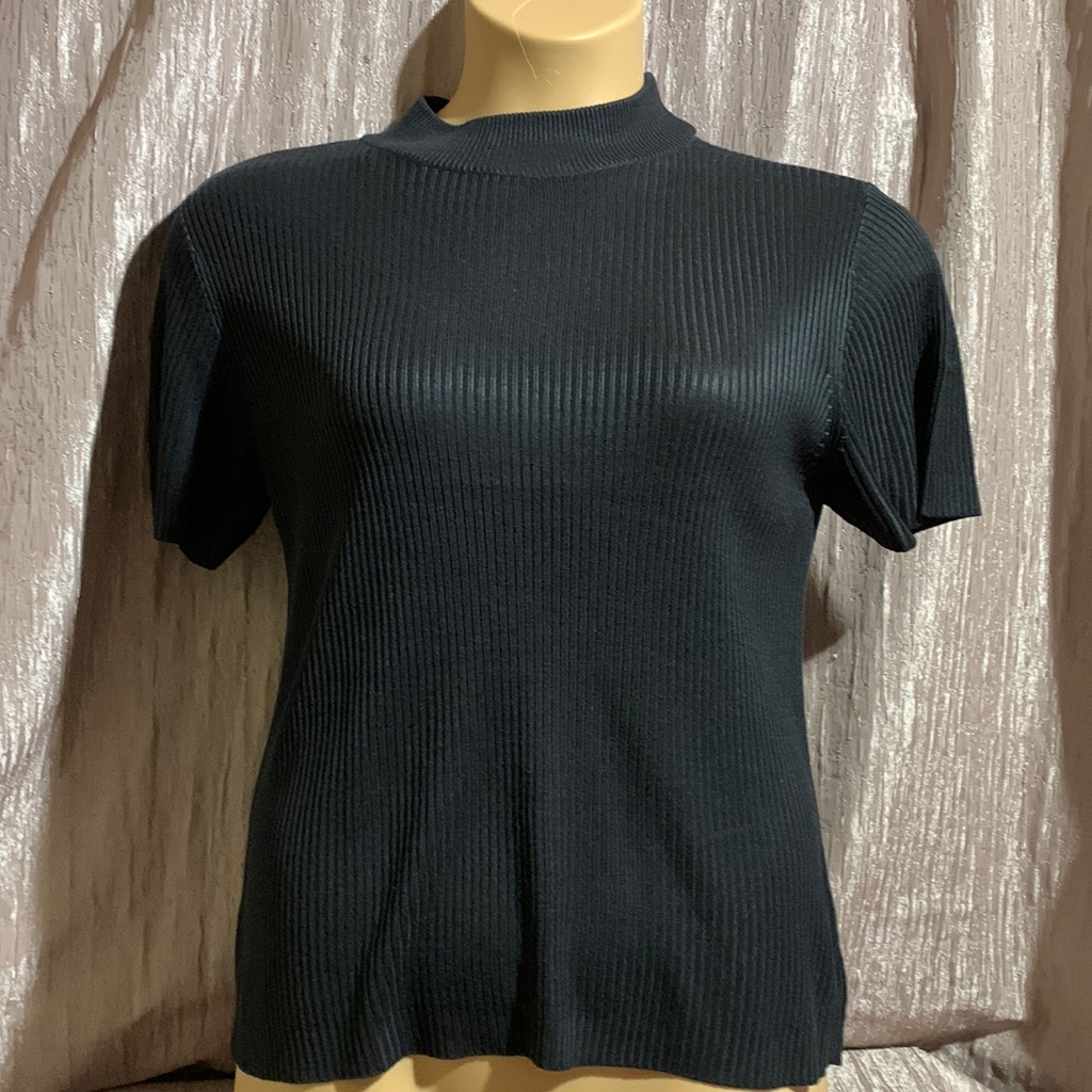 Studio Works Sweater Black Short Sleeve Stretchy Acrylic L Mock Neck Pullover